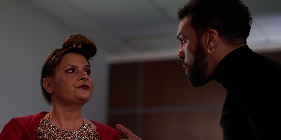 Maxxx. Image shows from L to R: Death (Nina Wadia), Maxxx (O-T Fagbenle)