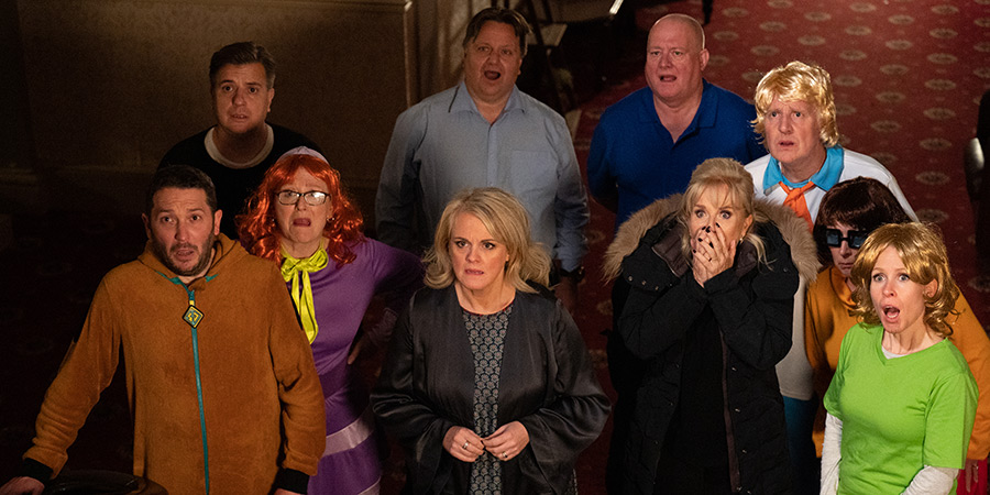 Meet The Richardsons. Image shows left to right: Jon (Jon Richardson), Danny Buckler, Gill Adams, Sally Lindsay, Stuart Dawson, Jez Dove, Sarah Greene, Damion Priestley, Emma Priestley, Lucy (Lucy Beaumont)