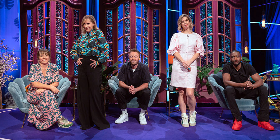 Mel Giedroyc: Unforgivable. Image shows from L to R: Kerry Godliman, Mel Giedroyc, Tom Lucy, Lou Sanders, Maxwell Ansah