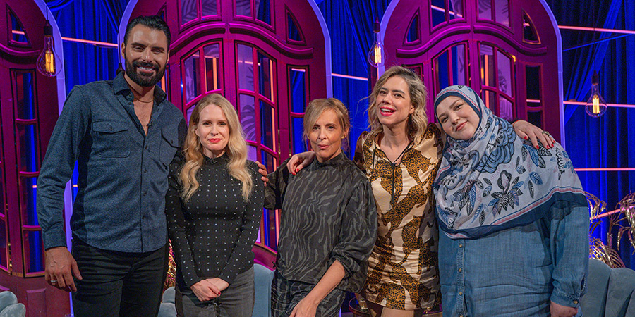 Mel Giedroyc: Unforgivable. Image shows left to right: Rylan Clark-Neal, Lucy Beaumont, Mel Giedroyc, Lou Sanders, Fatiha El-Ghorri