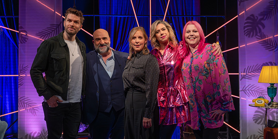 Mel Giedroyc: Unforgivable. Image shows left to right: Joel Dommett, Omid Djalili, Mel Giedroyc, Lou Sanders, Lindsey Santoro