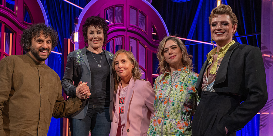 Mel Giedroyc: Unforgivable. Image shows left to right: Nish Kumar, Ruby Wax, Mel Giedroyc, Lou Sanders, Reuben Kaye