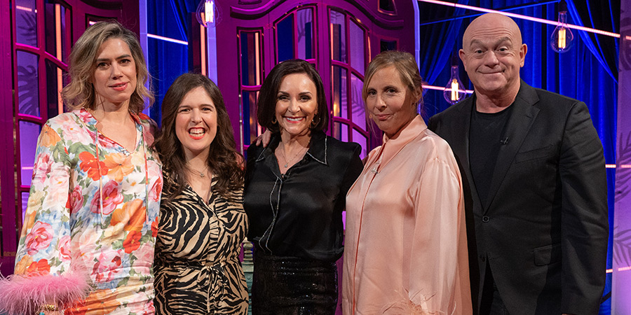 Mel Giedroyc: Unforgivable. Image shows left to right: Lou Sanders, Rosie Jones, Shirley Ballas, Mel Giedroyc, Ross Kemp