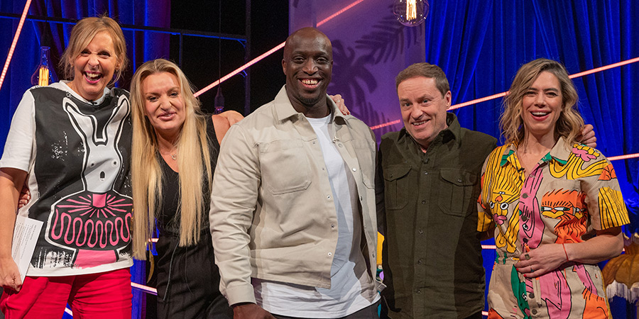 Mel Giedroyc: Unforgivable. Image shows left to right: Mel Giedroyc, Daisy May Cooper, Emmanuel Sonubi, Ardal O'Hanlon, Lou Sanders