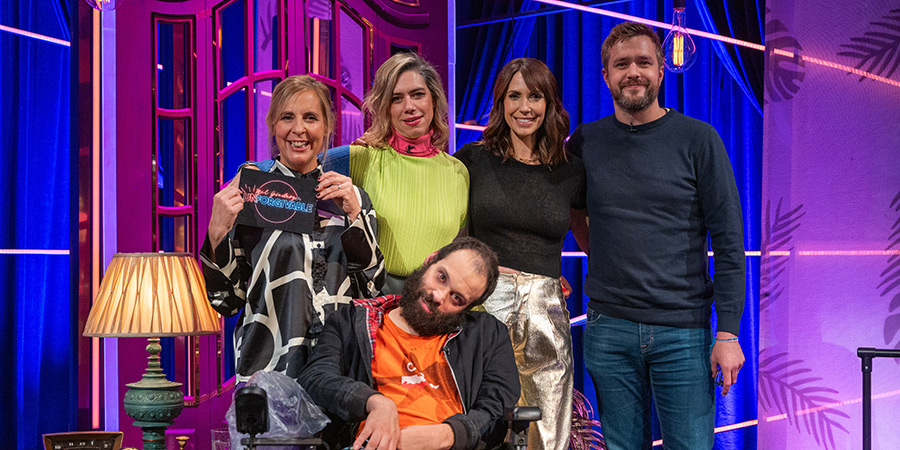 Mel Giedroyc: Unforgivable. Image shows left to right: Mel Giedroyc, Lou Sanders, Tim Renkow, Alex Jones, Iain Stirling