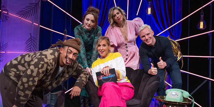 Mel Giedroyc: Unforgivable. Image shows left to right: Jordan Stephens, Fern Brady, Mel Giedroyc, Lou Sanders, Jamie Laing