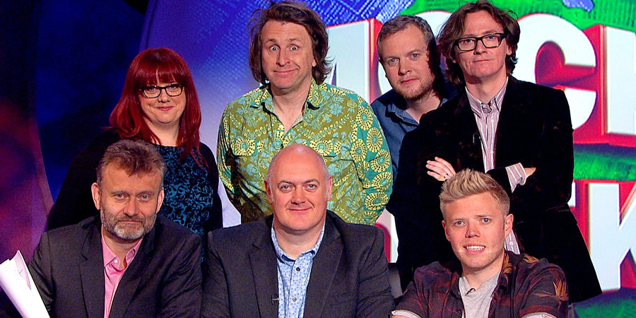 Mock The Week. Image shows from L to R: Hugh Dennis, Angela Barnes, Dara O Briain, Milton Jones, Miles Jupp, Ed Byrne, Rob Beckett