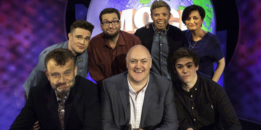 Mock The Week. Image shows from L to R: Hugh Dennis, Ed Gamble, Gary Delaney, Dara O Briain, Rob Beckett, Rhys James, Zoe Lyons