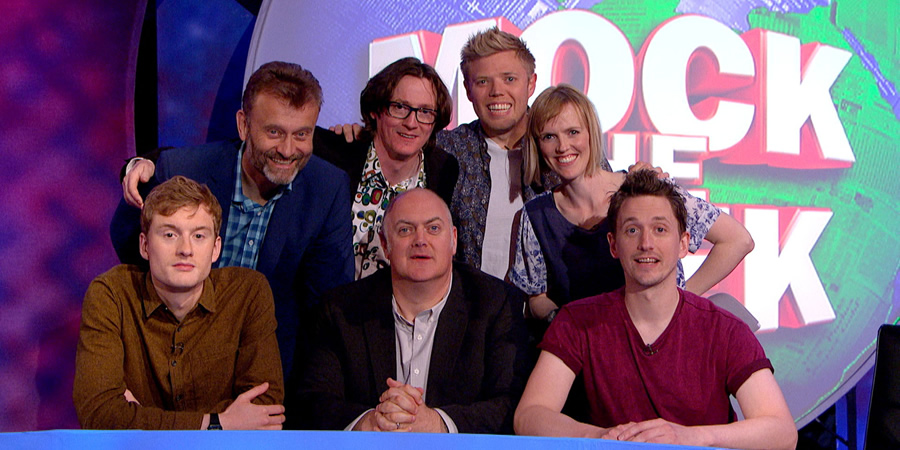 Mock The Week. Image shows from L to R: James Acaster, Hugh Dennis, Ed Byrne, Dara O Briain, Rob Beckett, Holly Walsh, John Robins. Copyright: Angst Productions