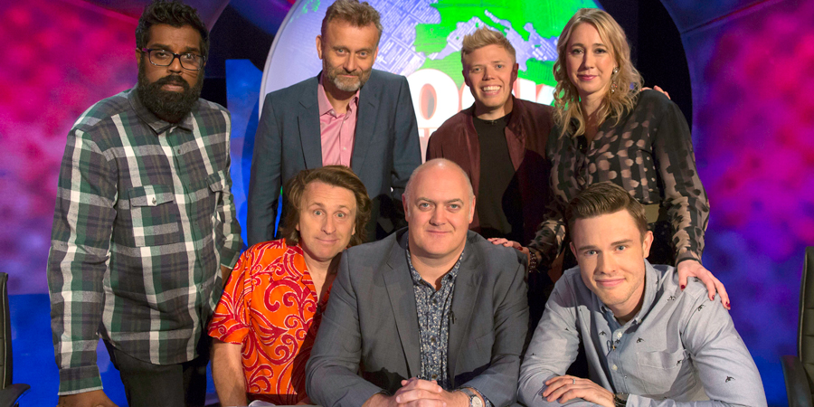 Mock The Week. Image shows from L to R: Romesh Ranganathan, Milton Jones, Hugh Dennis, Dara O Briain, Rob Beckett, Tiffany Stevenson, Ed Gamble. Copyright: Angst Productions