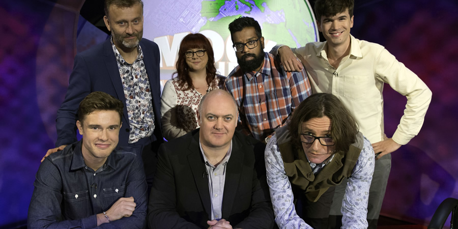 Mock The Week. Image shows from L to R: Ed Gamble, Hugh Dennis, Angela Barnes, Dara O Briain, Romesh Ranganathan, Ivo Graham. Copyright: Angst Productions