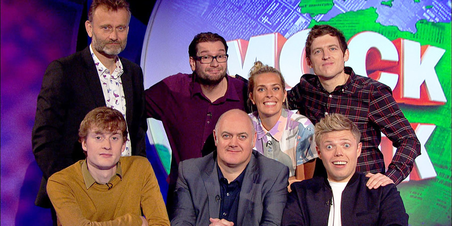 Mock The Week. Image shows from L to R: James Acaster, Hugh Dennis, Gary Delaney, Dara O Briain, Sara Pascoe, Elis James, Rob Beckett. Copyright: Angst Productions