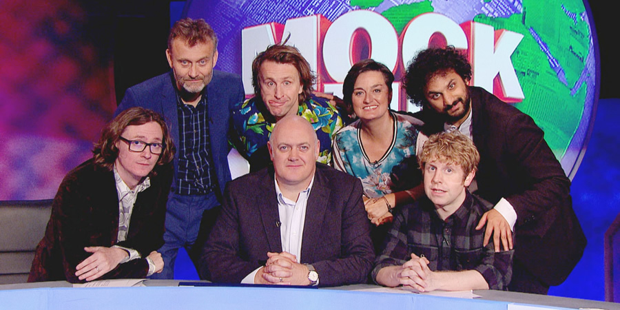 Mock The Week. Image shows from L to R: Ed Byrne, Hugh Dennis, Milton Jones, Dara O Briain, Zoe Lyons, Josh Widdicombe, Nish Kumar. Copyright: Angst Productions