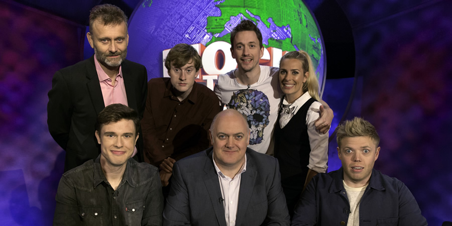 Mock The Week. Image shows from L to R: Hugh Dennis, Ed Gamble, James Acaster, Dara O Briain, John Robins, Sara Pascoe, Rob Beckett. Copyright: Angst Productions