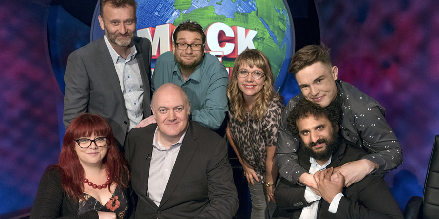 Mock The Week. Image shows from L to R: Angela Barnes, Hugh Dennis, Dara O Briain, Gary Delaney, Kerry Godliman, Nish Kumar, Ed Gamble. Copyright: Angst Productions