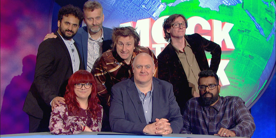 Mock The Week. Image shows from L to R: Nish Kumar, Angela Barnes, Hugh Dennis, Milton Jones, Dara O Briain, Ed Byrne, Romesh Ranganathan. Copyright: Angst Productions