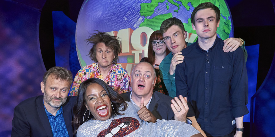 Mock The Week. Image shows from L to R: Hugh Dennis, London Hughes, Milton Jones, Dara O Briain, Angela Barnes, Ed Gamble, Rhys James. Copyright: Angst Productions