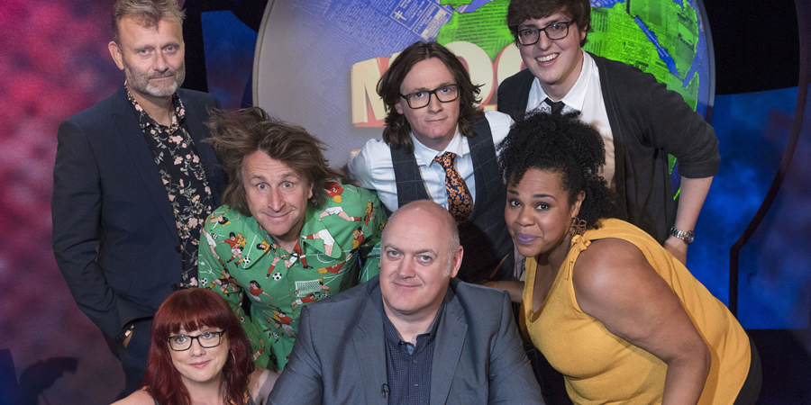 Mock The Week. Image shows from L to R: Hugh Dennis, Angela Barnes, Milton Jones, Dara O Briain, Ed Byrne, Desiree Burch, Glenn Moore. Copyright: Angst Productions