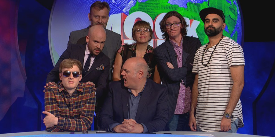 Mock The Week. Image shows from L to R: James Acaster, Tom Allen, Hugh Dennis, Dara O Briain, Kerry Godliman, Ed Byrne, Tez Ilyas. Copyright: Angst Productions