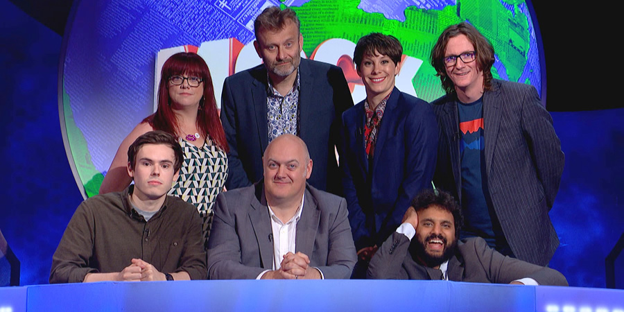 Mock The Week. Image shows from L to R: Rhys James, Angela Barnes, Hugh Dennis, Dara O Briain, Suzi Ruffell, Nish Kumar, Ed Byrne. Copyright: Angst Productions