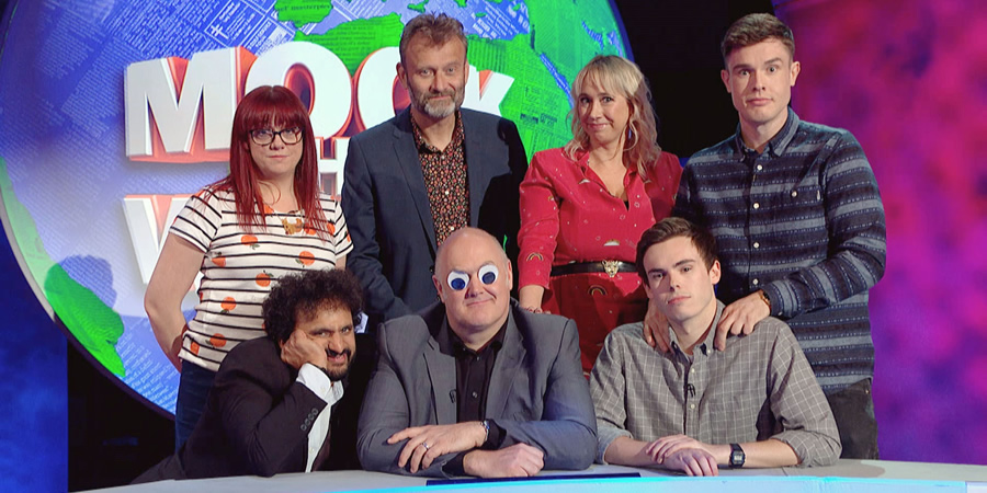 Mock The Week. Image shows from L to R: Angela Barnes, Nish Kumar, Hugh Dennis, Dara O Briain, Tiffany Stevenson, Rhys James, Ed Gamble. Copyright: Angst Productions