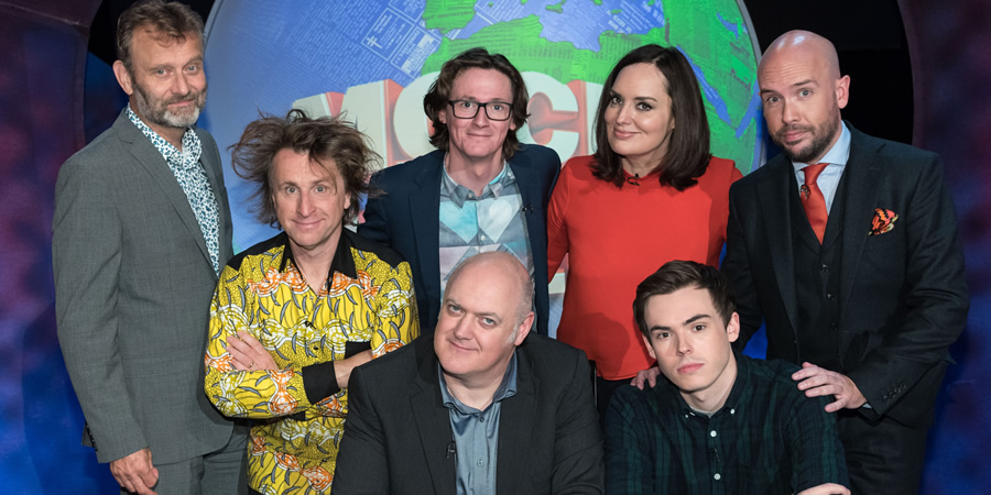 Mock The Week. Image shows from L to R: Hugh Dennis, Milton Jones, Ed Byrne, Dara O Briain, Deborah Frances-White, Rhys James, Tom Allen. Copyright: Angst Productions