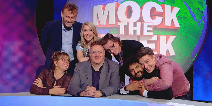 Mock The Week. Image shows from L to R: Kerry Godliman, Hugh Dennis, Rachel Parris, Dara O Briain, Ed Byrne, Nish Kumar, Ed Gamble. Copyright: Angst Productions