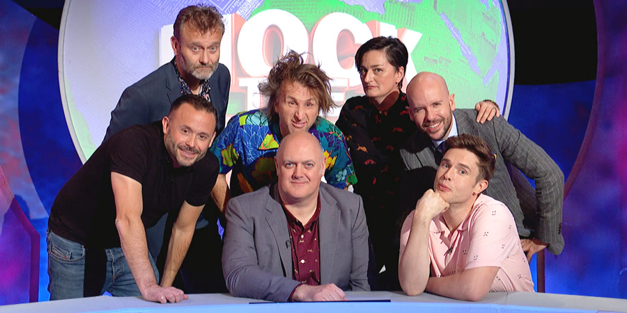 Mock The Week. Image shows from L to R: Hugh Dennis, Geoff Norcott, Milton Jones, Dara O Briain, Zoe Lyons, Tom Allen, Ed Gamble. Copyright: Angst Productions