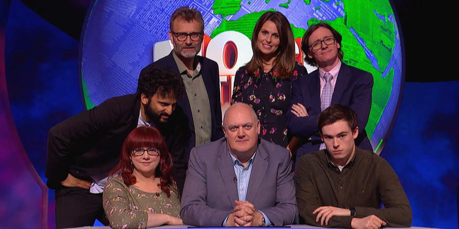 Mock The Week. Image shows from L to R: Nish Kumar, Angela Barnes, Hugh Dennis, Dara O Briain, Ellie Taylor, Ed Byrne, Rhys James. Copyright: Angst Productions