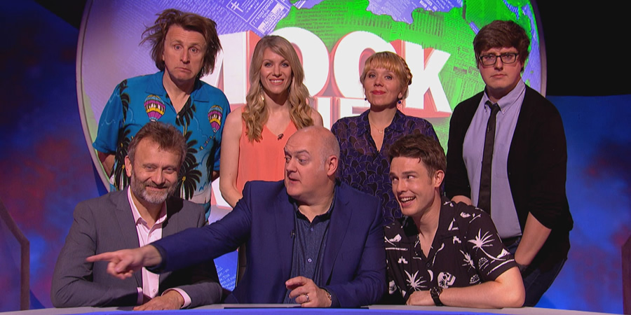 Mock The Week. Image shows from L to R: Hugh Dennis, Milton Jones, Rachel Parris, Dara O Briain, Kerry Godliman, Ed Gamble, Glenn Moore. Copyright: Angst Productions