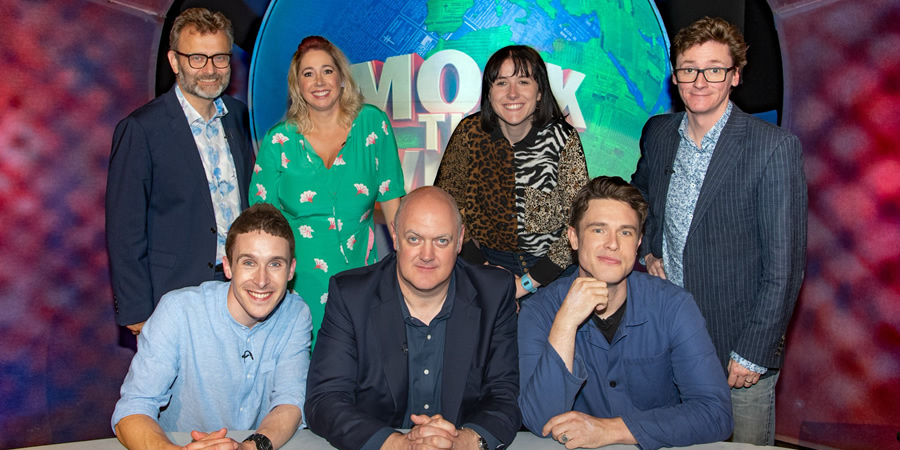 Mock The Week. Image shows from L to R: Hugh Dennis, Larry Dean, Tiffany Stevenson, Dara O Briain, Maisie Adam, Ed Gamble, Ed Byrne. Copyright: Angst Productions