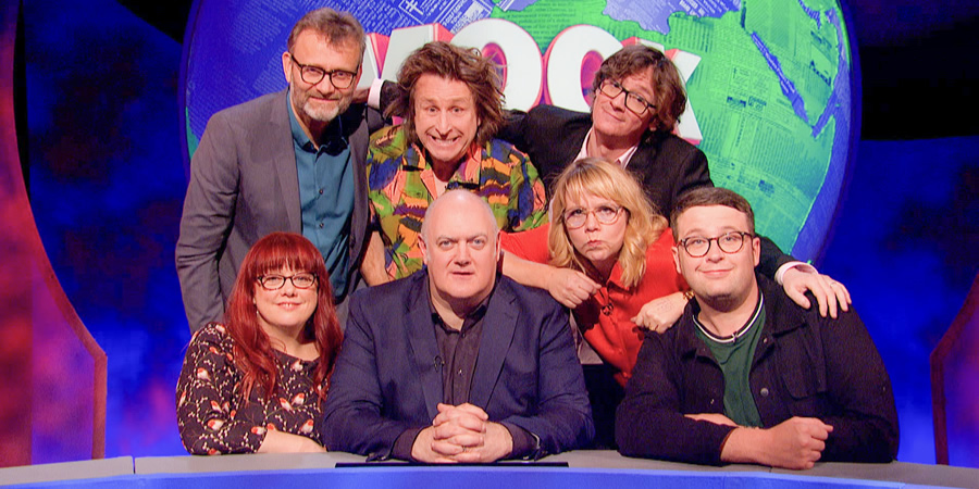 Mock The Week. Image shows from L to R: Angela Barnes, Hugh Dennis, Milton Jones, Dara O Briain, Ed Byrne, Kerry Godliman, Chris Washington. Copyright: Angst Productions