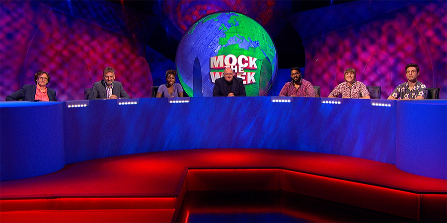 Mock The Week. Image shows from L to R: Ed Byrne, Hugh Dennis, Sophie Duker, Dara O Briain, Eshaan Akbar, Maisie Adam, Ed Gamble. Copyright: Angst Productions