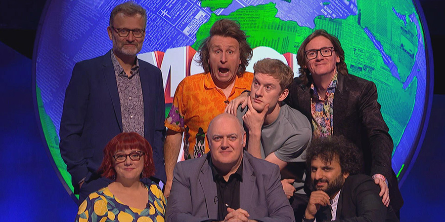 Mock The Week. Image shows left to right: Hugh Dennis, Angela Barnes, Milton Jones, Dara O Briain, James Acaster, Ed Byrne, Nish Kumar. Credit: Angst Productions