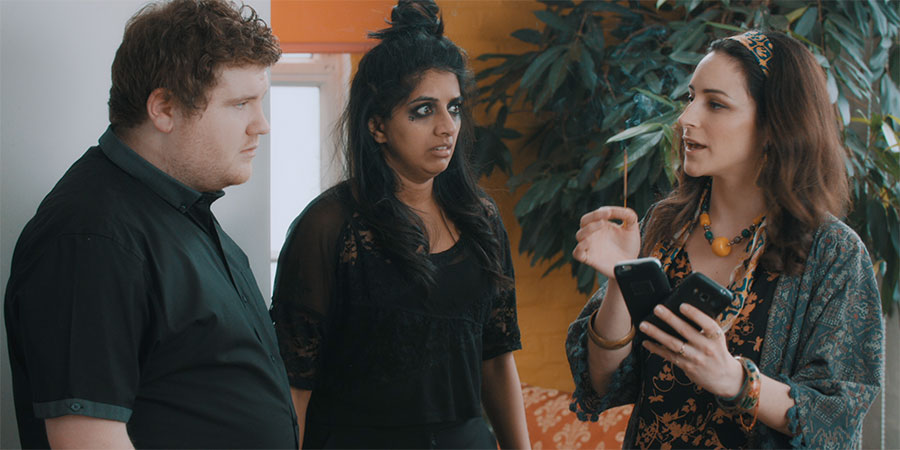 Modern Horror Stories. Image shows from L to R: Ethan Lawrence, Nimisha Odedra, Janine Harouni. Copyright: Comedy Central