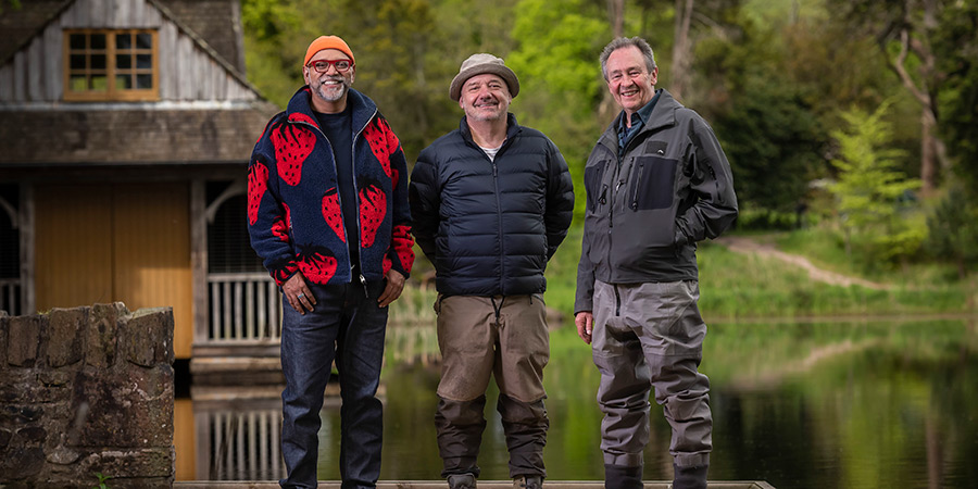 Mortimer & Whitehouse: Gone Fishing. Image shows left to right: Anand Patel, Bob Mortimer, Paul Whitehouse