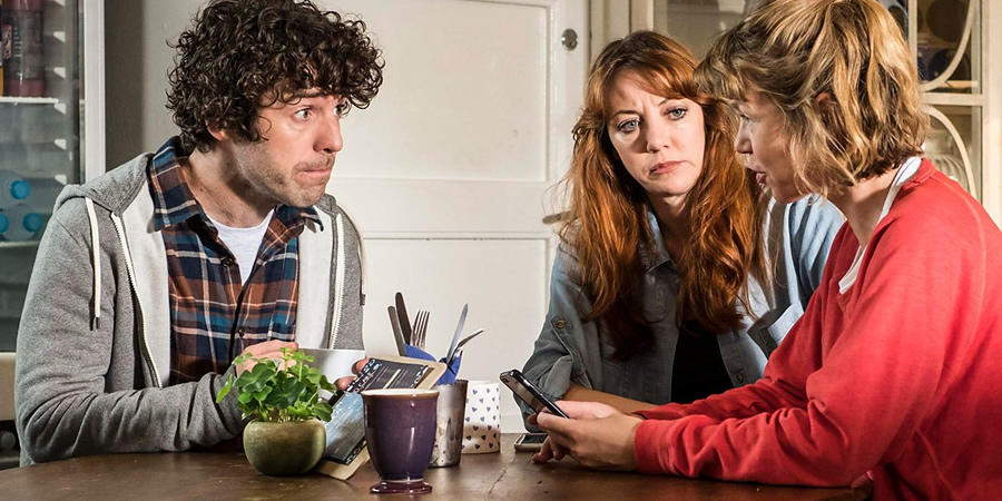 Motherland. Image shows from L to R: Kevin (Paul Ready), Liz (Diane Morgan), Julia (Anna Maxwell Martin)