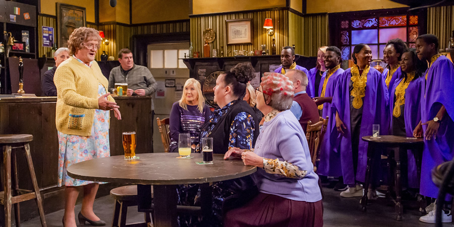 Mrs. Brown's Boys. Image shows from L to R: Agnes Brown (Brendan O'Carroll), Dermot Brown (Paddy Houlihan), Cathy Brown (Jennifer Gibney), Peggy Piper (Sue Vincent), Winnie McGoogan (Eilish O'Carroll)