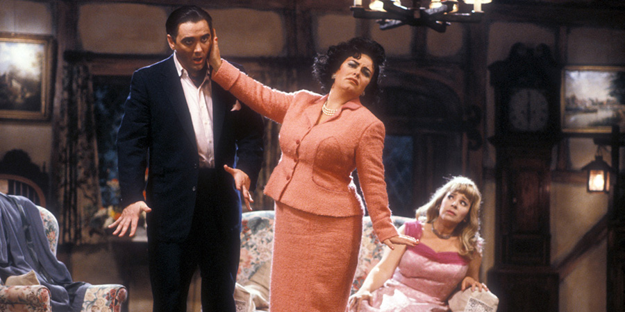 Murder Most Horrid. Image shows left to right: Tony Sparkle (Tony Slattery), Judy Talent (Dawn French), Sarah Devereux (Harriet Thorpe). Credit: Talkback Productions