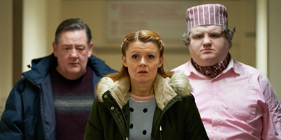 Murder, They Hope. Image shows from L to R: Terry (Johnny Vegas), Gemma (Sian Gibson), Ray (Ethan Lawrence). Copyright: Shiny Button Productions