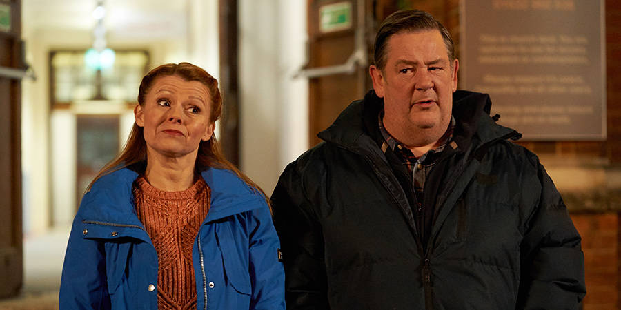 Murder, They Hope. Image shows from L to R: Gemma (Sian Gibson), Terry (Johnny Vegas). Copyright: Shiny Button Productions