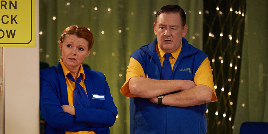 Murder, They Hope. Image shows from L to R: Gemma (Sian Gibson), Terry (Johnny Vegas). Copyright: Shiny Button Productions