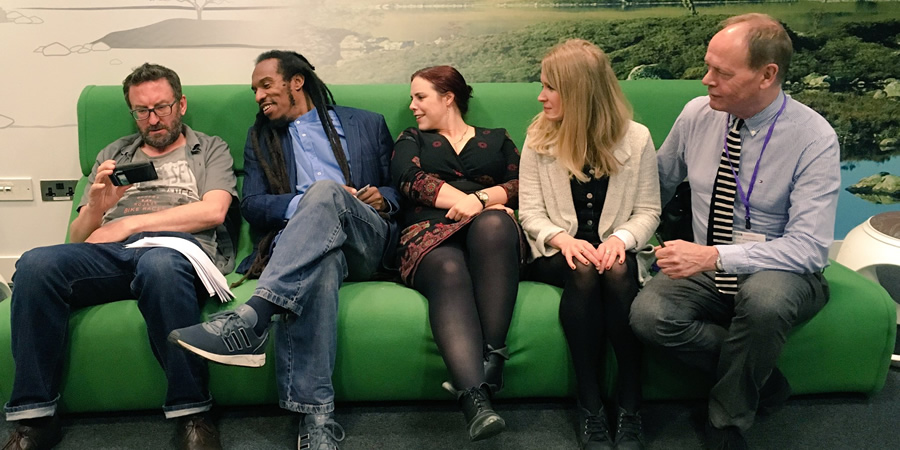 The Museum Of Curiosity. Image shows from L to R: Lee Mack, Benjamin Zephaniah, Kat Arney, Lucy Beaumont, John Lloyd. Copyright: BBC