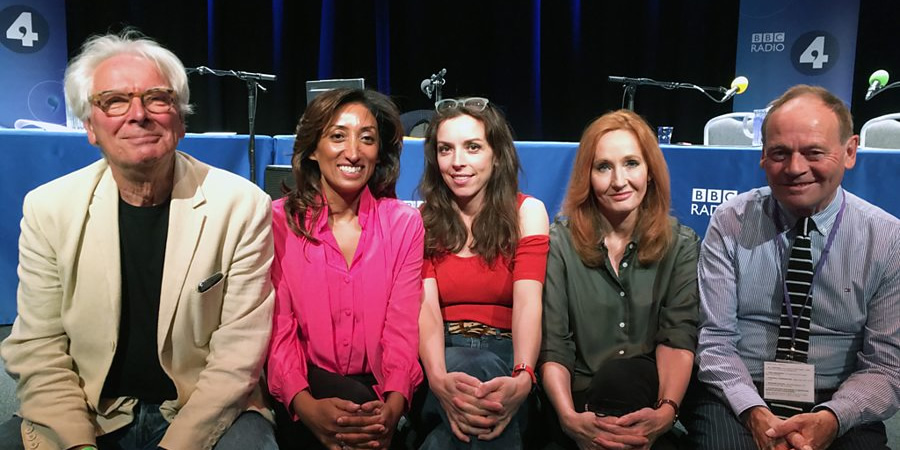 The Museum Of Curiosity. Image shows from L to R: Glyn Johns, Shazia Mirza, Bridget Christie, J.K. Rowling, John Lloyd. Copyright: BBC