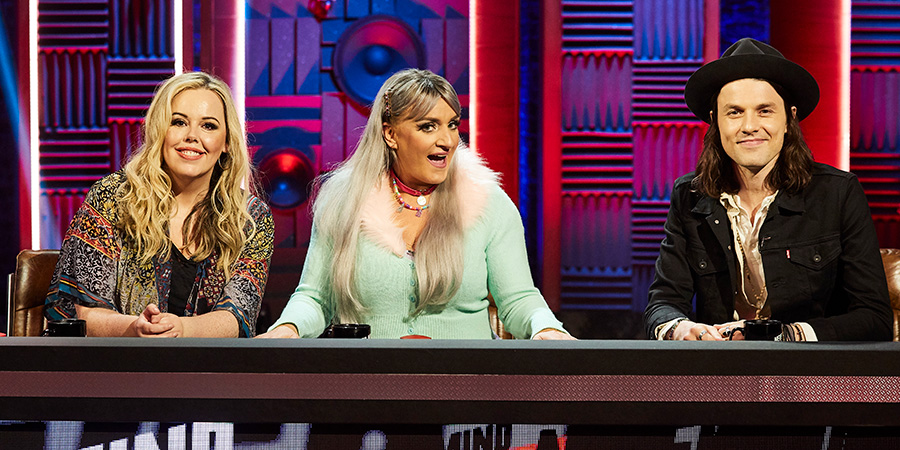 Never Mind The Buzzcocks. Image shows left to right: Roisin Conaty, Daisy May Cooper, James Bay