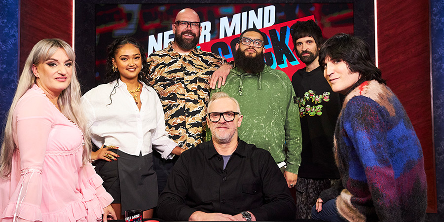 Never Mind The Buzzcocks. Image shows left to right: Daisy May Cooper, Joy Crookes, Tom Davis, Greg Davies, Jamali Maddix, Serge Pizzorno, Noel Fielding