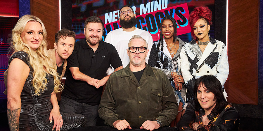 Never Mind The Buzzcocks. Image shows left to right: Daisy May Cooper, Danny Jones, Alex Brooker, Jamali Maddix, Greg Davies, Amy Love, Georgia South, Noel Fielding