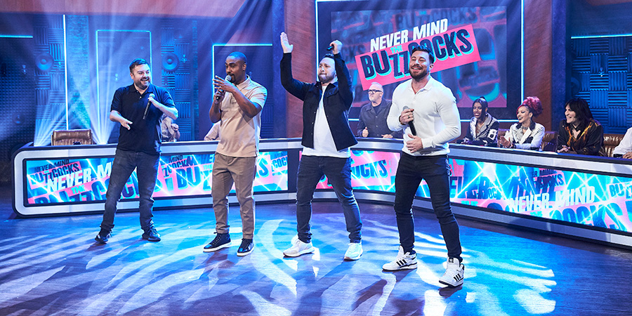 Never Mind The Buzzcocks. Image shows left to right: Alex Brooker, Simon Webbe, Antony Costa, Duncan James