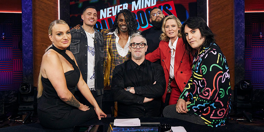 Never Mind The Buzzcocks. Image shows left to right: Daisy May Cooper, Dermot Kennedy, Billy Porter, Greg Davies, Jamali Maddix, Róisín Murphy, Noel Fielding