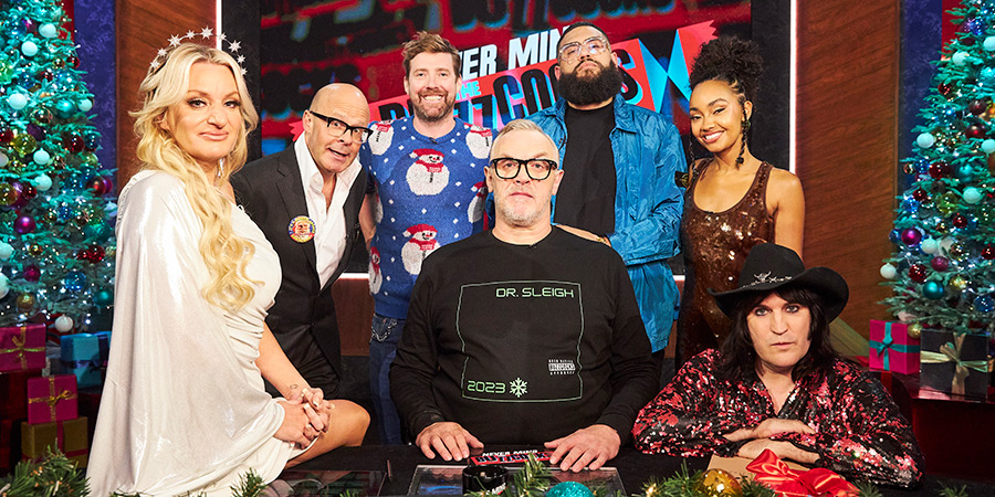 Never Mind The Buzzcocks. Image shows left to right: Daisy May Cooper, Harry Hill, Ricky Wilson, Greg Davies, Jamali Maddix, Leigh-Anne Pinnock, Noel Fielding